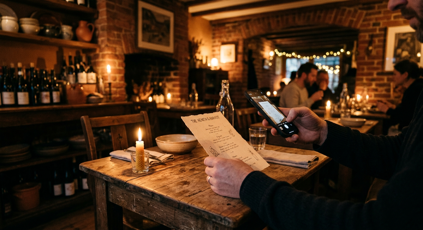 An owner photographing a handwritten restaurant menu card at the table with a phone.